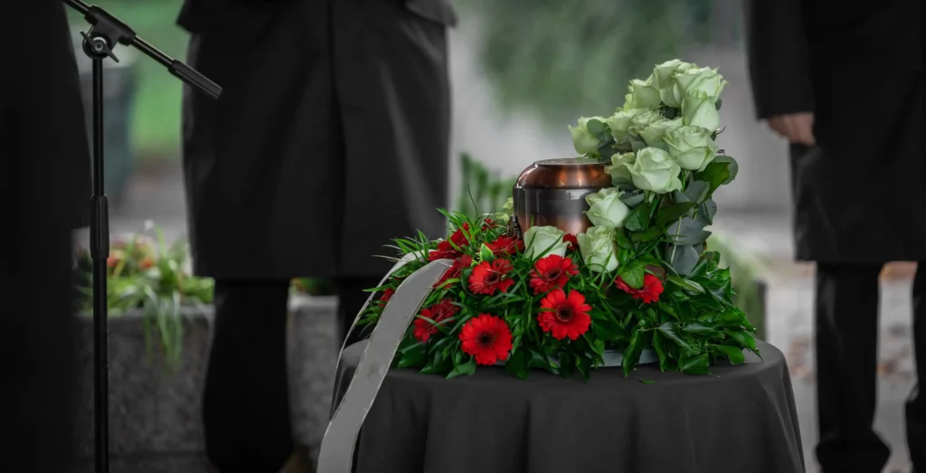 Mourners standing around a table with flowers and a copper-colored urn